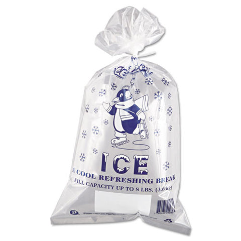 Ice Bags With Twist-ties, Ice: Penguin Icon Labeling, 8 Lb Capacity, 11" X 20", Clear, 1,000/carton