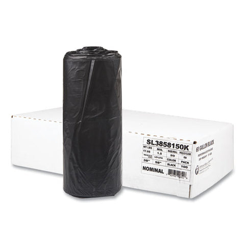 Low-density Commercial Can Liners, 60 Gal, 1.5 Mil, 38" X 58", Black, Interleaved Roll, 20 Bags/roll, 5 Rolls/carton