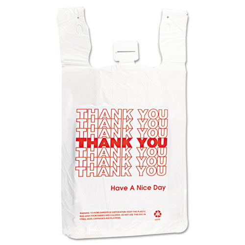 Hdpe T-shirt Bags, Thank You - Have A Nice Day Labeling, Cut-out Handles, 12" X 7" X 23", White/red, 500/carton