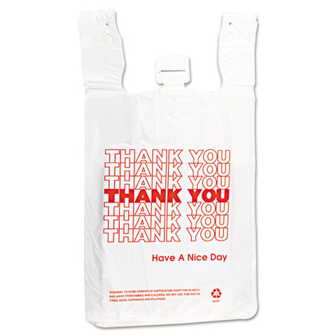 Hdpe T-shirt Bags, Thank You - Have A Nice Day Labeling, Cut-out Handles, 12" X 7" X 23", White/red, 500/carton