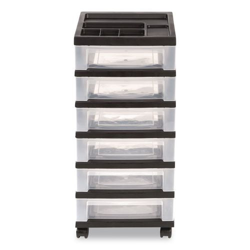 Six-drawer Durable Storage Cart, Plastic, 15 Lb Capacity, 12.13 X 14.38 X 26.38, Clear/black