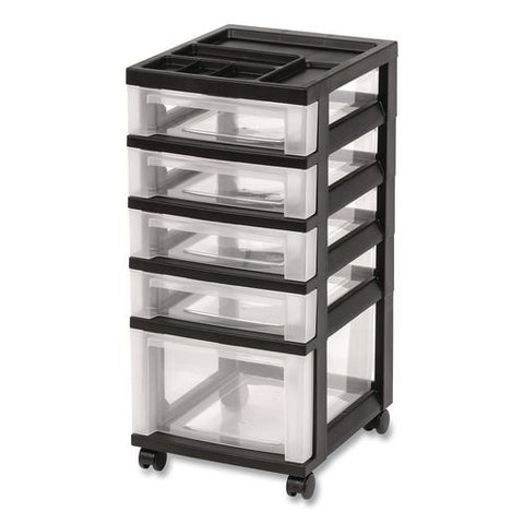Five-drawer Rolling Cart With Organizer Top, Plastic, 12.13 X 14.38 X 26.38, Clear/black