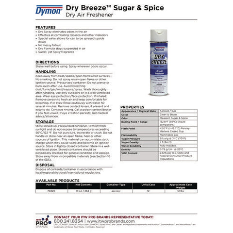 Dry Breeze Aerosol Air Freshener, Sugar And Spice, 10 Oz Aerosol Spray, 12/carton