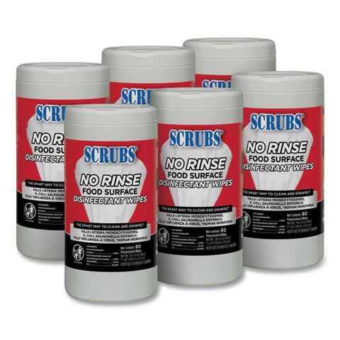 No Rinse Food Surface Disinfectant Wipes, 1-ply, 7 X 8, Unscented, White, 80/canister, 6/carton