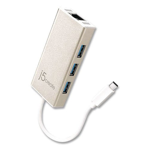 Usb-c To Ethernet Adapter, Rj45/usb-a/usb-c, 5.71", Gold/white