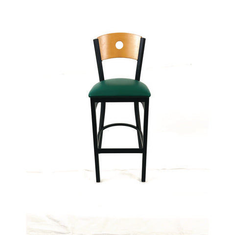 Circle Series Barstool, Supports Up To 300 Lb, 28.5" Seat Height, Green Seat, Natural Back, Black Base