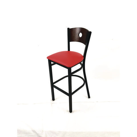 Circle Series Barstool, Supports Up To 300 Lb, 28.5" Seat Height, Red Seat, Dark Walnut Back, Black Base