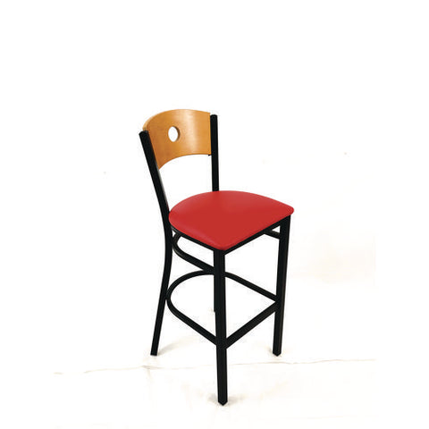 Circle Series Barstool, Supports Up To 300 Lb, 28.5" Seat Height, Red Seat, Natural Back, Black Base