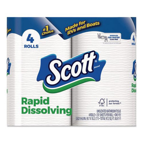 Rapid-dissolving Toilet Paper, Bath Tissue, Septic Safe, 1-ply, White, 231 Sheets/roll, 4/rolls/pack, 12 Packs/carton