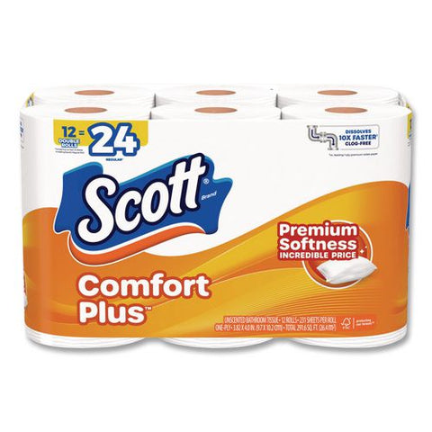 Comfortplus Toilet Paper, Double Roll, Bath Tissue, Septic Safe, 1-ply, White, 231 Sheets/roll, 12 Rolls/pack, 4 Packs/carton