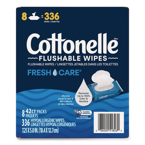 Flushable Wet Wipes, Flip-top Pack, 5 X 7.25, White, 42 Sheets/pack, 8 Packs/carton