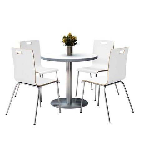 Pedestal Table With Four White Jive Series Chairs, Round, 36" Dia X 29h, Crisp Linen