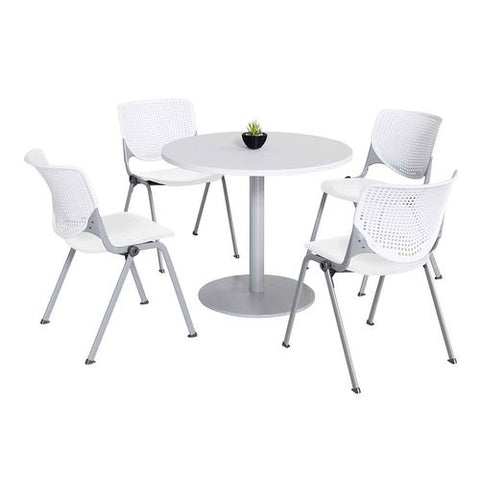 Pedestal Table With Four White Kool Series Chairs, Round, 36" Dia X 29h, Designer White