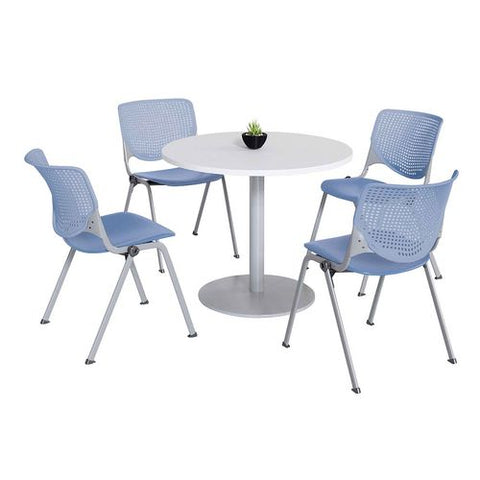 Pedestal Table With Four Periwinkle Kool Series Chairs, Round, 36" Dia X 29h, Designer White