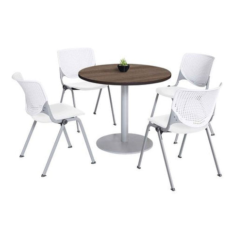 Pedestal Table With Four White Kool Series Chairs, Round, 36" Dia X 29h, Studio Teak