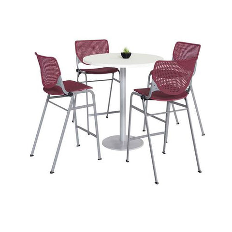 Pedestal Bistro Table With Four Burgundy Kool Series Barstools, Round, 36" Dia X 41h, Designer White