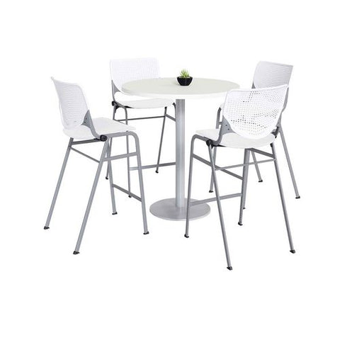 Pedestal Bistro Table With Four White Kool Series Barstools, Round, 36" Dia X 41h, Designer White