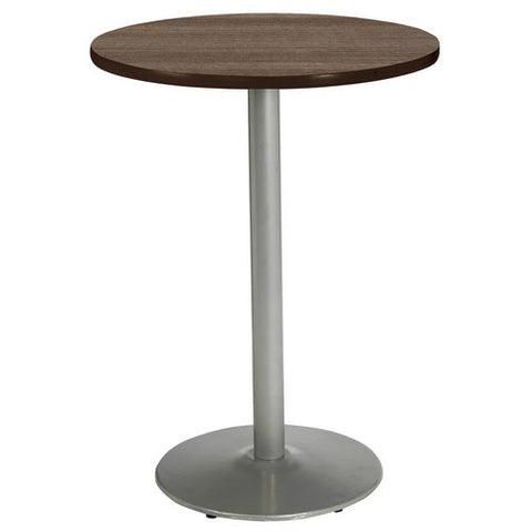 Pedestal Bistro Table With Four White Kool Series Barstools, Round, 36" Dia X 41h, Studio Teak