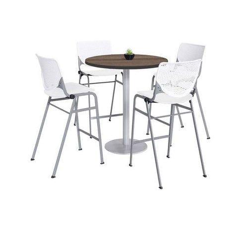 Pedestal Bistro Table With Four White Kool Series Barstools, Round, 36" Dia X 41h, Studio Teak