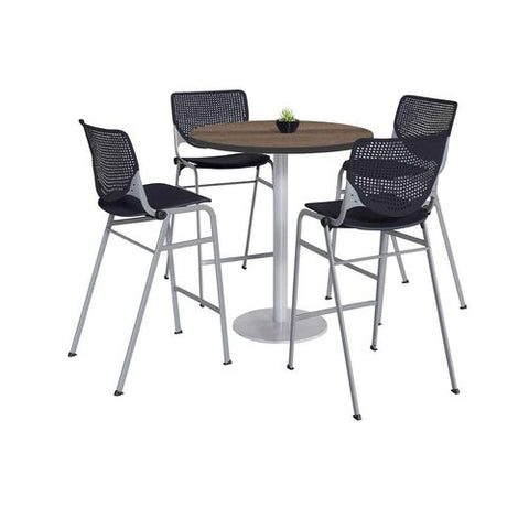 Pedestal Bistro Table With Four Black Kool Series Barstools, Round, 36" Dia X 41h, Studio Teak