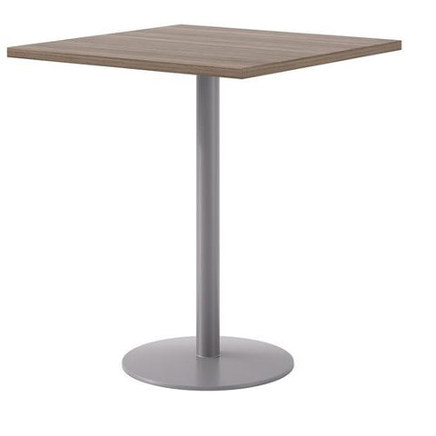 Pedestal Bistro Table With Four White Jive Series Barstools, Square, 36 X 36 X 41, Studio Teak