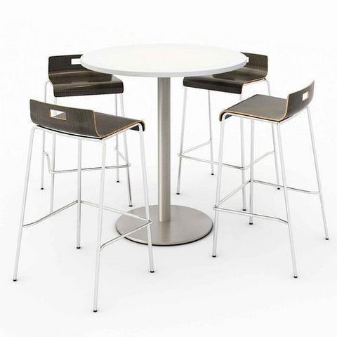 Pedestal Bistro Table With Four Espresso Jive Series Barstools, Round, 36" Dia X 41h, Designer White