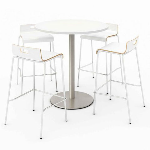 Pedestal Bistro Table With Four White Jive Series Barstools, Round, 36" Dia X 41h, Designer White