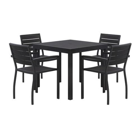 Eveleen Outdoor Patio Table With Four Black Powder-coated Polymer Chairs, Square, 35", Black