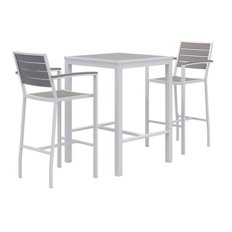 Eveleen Outdoor Bistro Patio Table With Two Gray Powder-coated Polymer Barstools, 30" Square, Gray