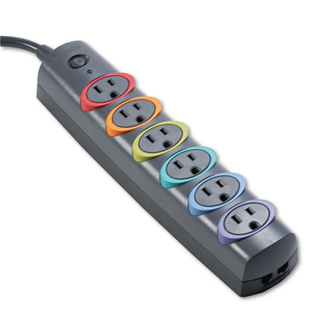 Smartsockets Color-coded Strip Surge Protector, 6 Ac Outlets, 6 Ft Cord, 670 J, Gray