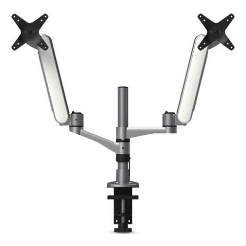 Multi-directional Dual Monitor Arm, For 30" Monitors, 360 Deg Rotation, 105 Deg Tilt, 360 Deg Pan, Silver/wh, Supports 20 Lbs