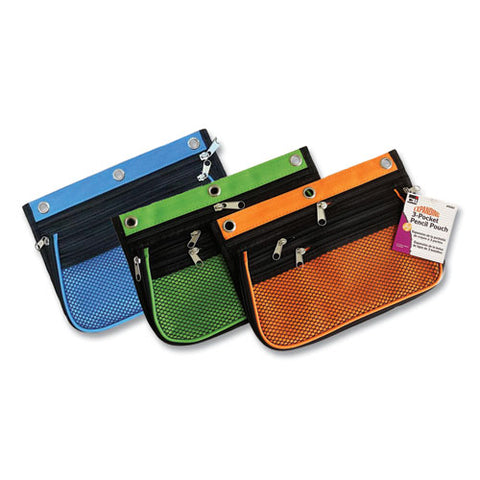 Three-pocket Binder-insertable Expandable Pencil Pouch, 3 Compartments, 3-hole Punched, 10.25" X 7.5", Assorted, 3/pack