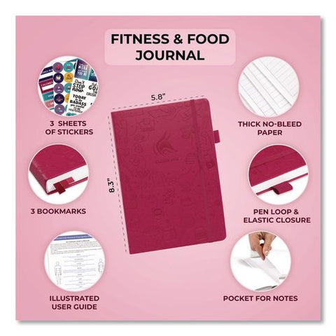 Fitness And Food Journal, 90-day Daily/monthly Format, Engraved Health/athletics Artwork, Fushia Cover, 8.3 X 5.8 Sheets