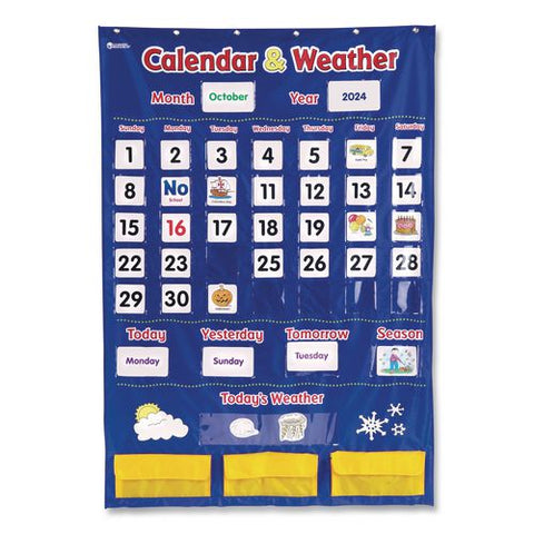 Calendar And Weather Pocket Chart, 46 Pockets, 14.7 X 32.2, Blue, 136 Cards
