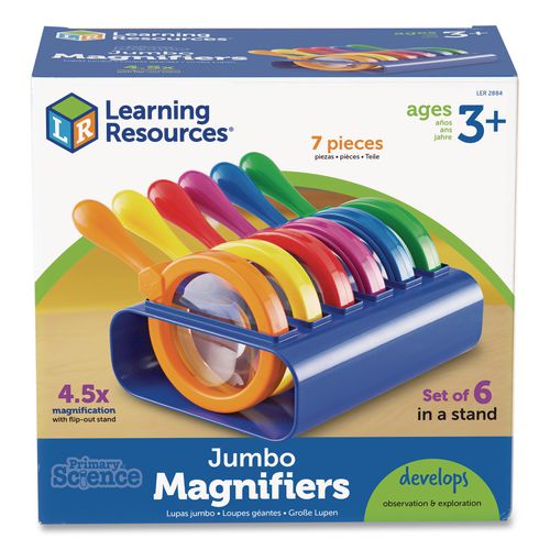 Primary Science Jumbo Magnifiers With Stand, Ages 3 And Up, 4.5x, Plastic Lens, 4.5" Dia, 6/set