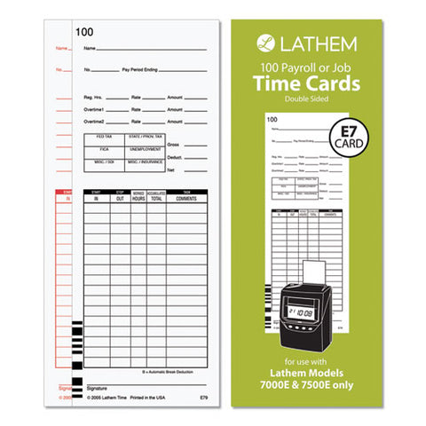 Time Clock Cards For Lathem Time 7000e/7500e, Two Sides, 3.38 X 8.78, 100/pack