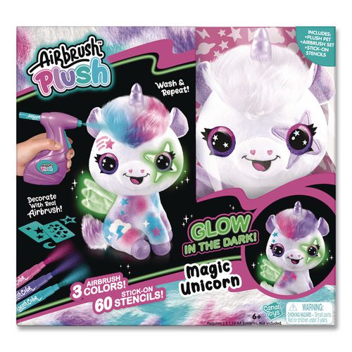 Airbrush Plush Glow-in-the-dark Unicorn With Airbrush Tool, (3) Washable Ink Tubes And (60) Stick-on Stencils, Ages 6 And Up