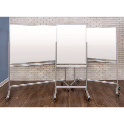 Mobile Magnetic Glass Dry Erase Board, 60" X 40", White Surface, Silver Aluminum Frame