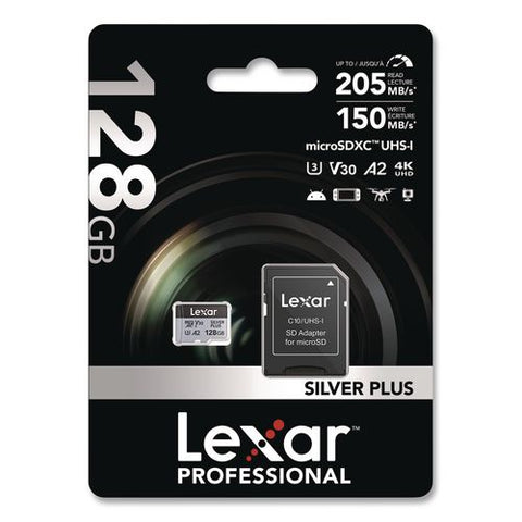 Professional Silver Series Microsdxc Memory Card With Adapter, Uhs-i, V30 Class 10, 128 Gb