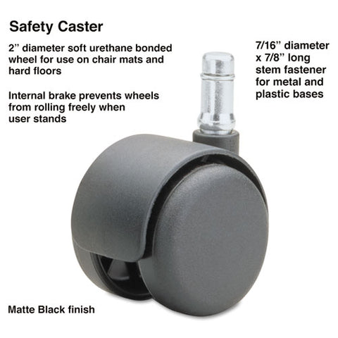 Safety Casters, Standard Neck, Grip Ring Type B Stem, 2" Soft Polyurethane Wheel, Matte Black, 5/set