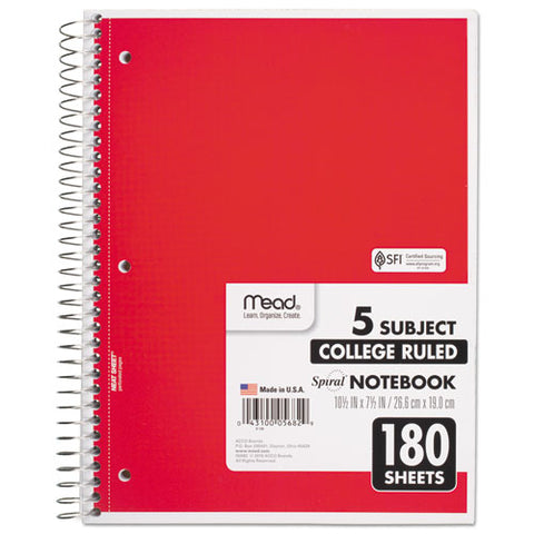 Spiral Notebook, 5-subject, Medium/college Rule, Randomly Assorted Cover Color, (180) 10.5 X 8 Sheets