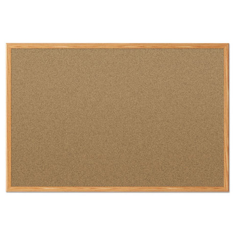 Economy Cork Board With Oak Frame, 48" X 36", Tan Surface, Oak Finished Fiberboard (mdf) Frame