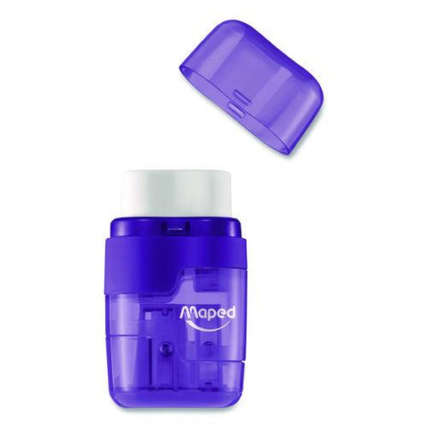 Duo 2-hole Canister Pencil Sharpener/eraser Combo, 3.74 X 1.08 X 4.92, Randomly Assorted Colors
