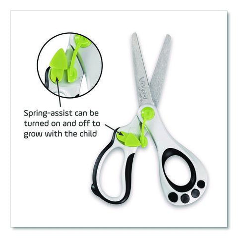 Kidy Spring-assisted Educational Scissors Rounded Tip, 5.41" Long, 2" Cut Length, Straight White/ Black Handle