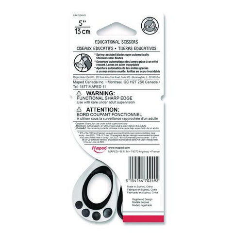 Kidy Spring-assisted Educational Scissors Rounded Tip, 5.41" Long, 2" Cut Length, Straight White/ Black Handle