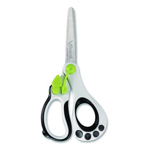 Kidy Spring-assisted Educational Scissors Rounded Tip, 5.41" Long, 2" Cut Length, Straight White/ Black Handle