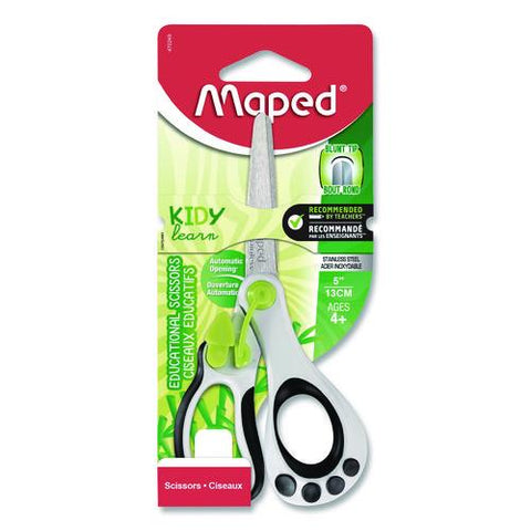 Kidy Spring-assisted Educational Scissors Rounded Tip, 5.41" Long, 2" Cut Length, Straight White/ Black Handle