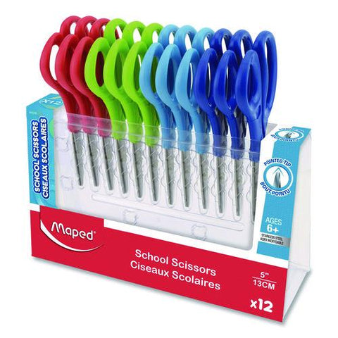 Essential Pointed School Scissors School Pack, Pointed Tip, 5.35" Long, 2" Cut Length, Straight Assorted Handle, 12/pack