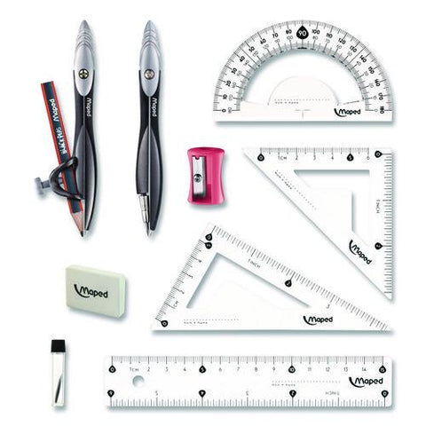 Metal Compass And Geometry Set, Metal/plastic, Black/clear, 10 Pieces