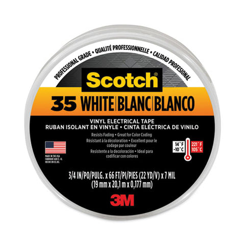 Scotch 35 Vinyl Electrical Color Coding Tape, 3" Core, 0.75" X 66 Ft, White